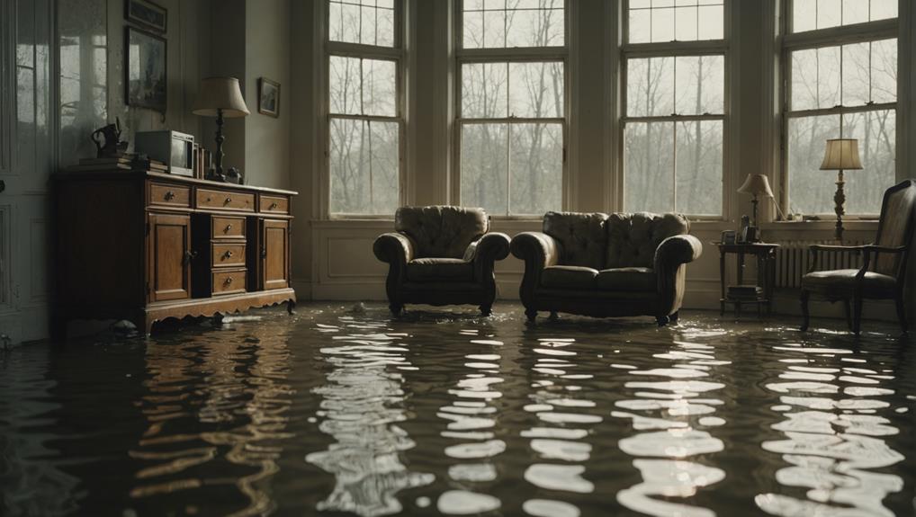 Toilet overflow causes severe water damage: Flooded living room with sofas, wooden sideboard, and large windows submerged in water, illustrating the need for professional cleanup services.